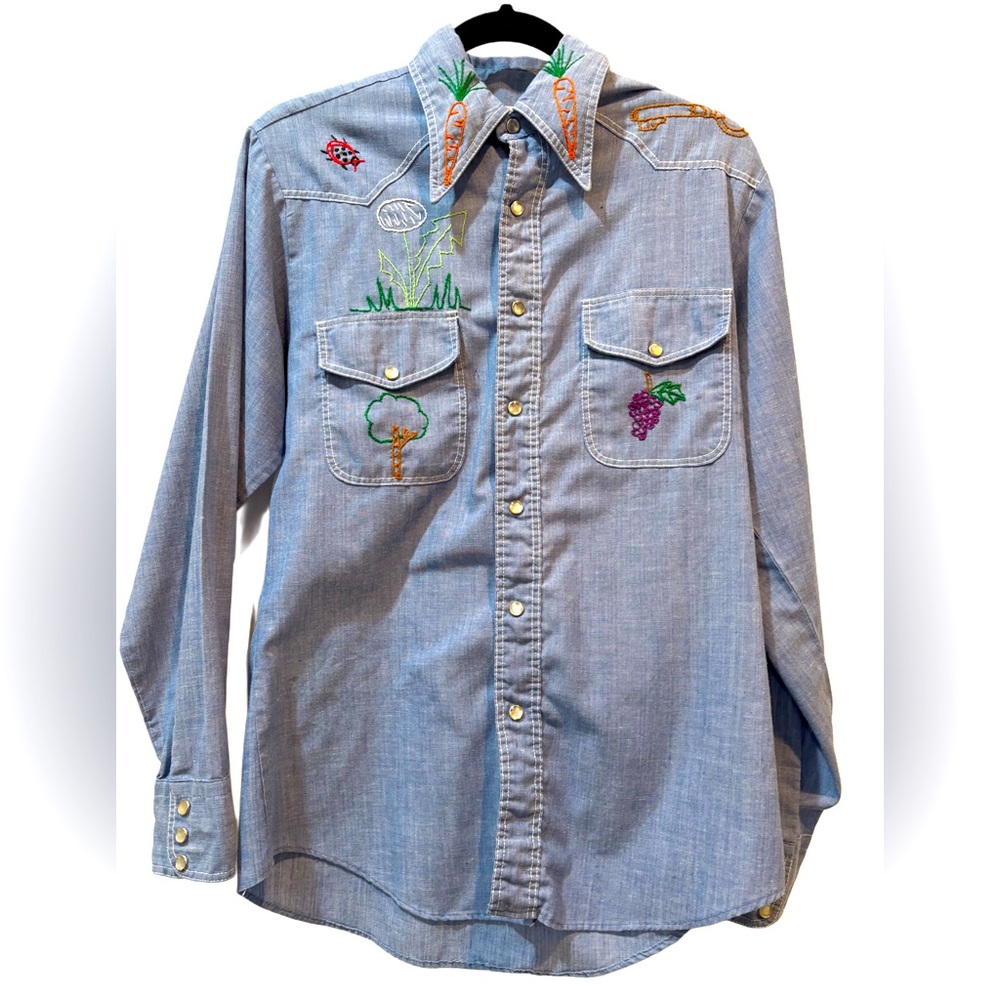VTG Unique Folk Art Embroidery Garden Girl Pearl Button Long Sleeve Unisex Shirt